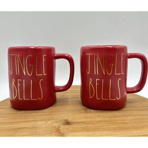 SOLD!Rae Dunn Red Jingle‎ Bells Coffee Tea Mugs Set Of 2 Gold LL Christmas